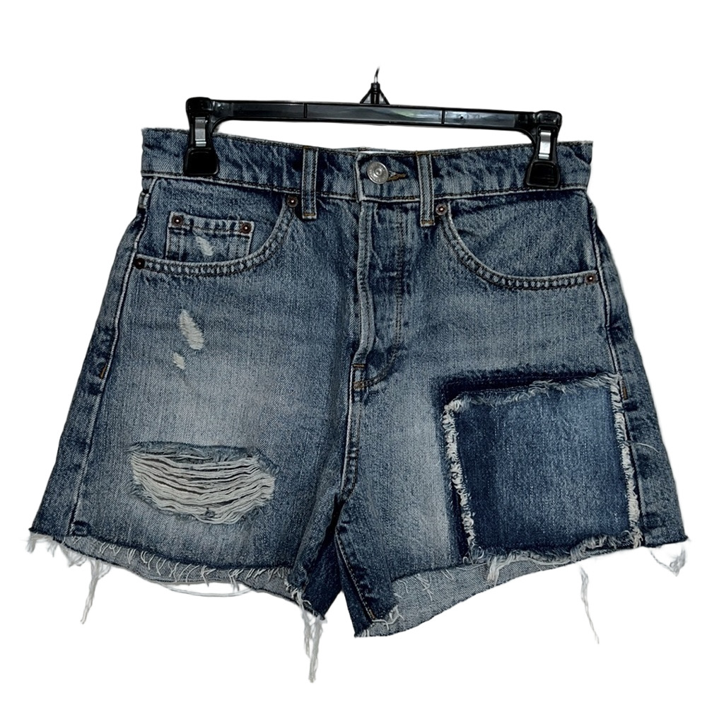 BDG High Waist Patchwork Button Fly Distressed Denim Blue Jean Shorts - Size 27